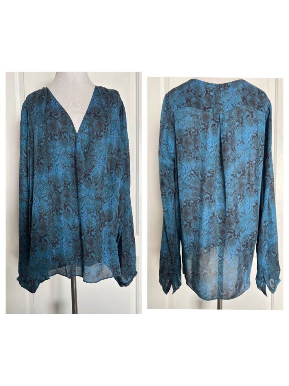 $375 HAUTE HIPPIE Blue Black V-Neck Designer Snake Print Blouse 100% Silk Top  L